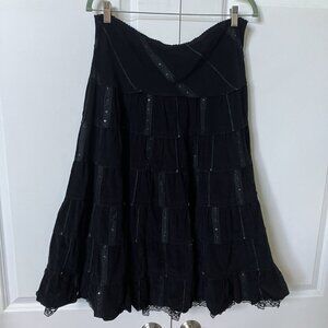 Y2K Phool Patchwork Midi Skirt Corduroy Womens S Black Witchy Whimsigoth Fairy